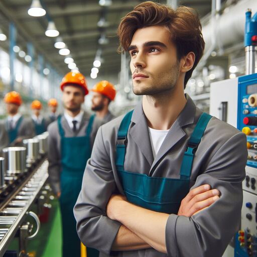 A factory supervisor observing operations on production lines in first job