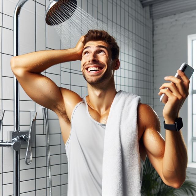 A happy clothed athlete under cold shower with a fresh and victorious feeling