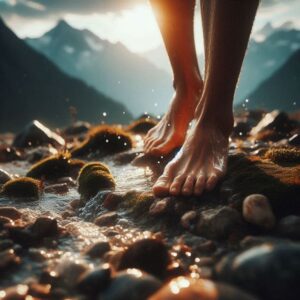 Earth Grounding for health by bare feet walking on a wet rocky spring