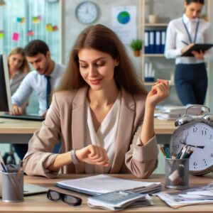 Happy female worker using action plan to improve time management skills