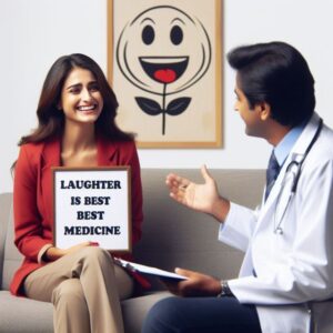 Health benefits of laugh being explained by a psychologist to his female patient sitting in office