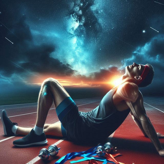 A champion athlete resting on a track with night cloudy sky in background
