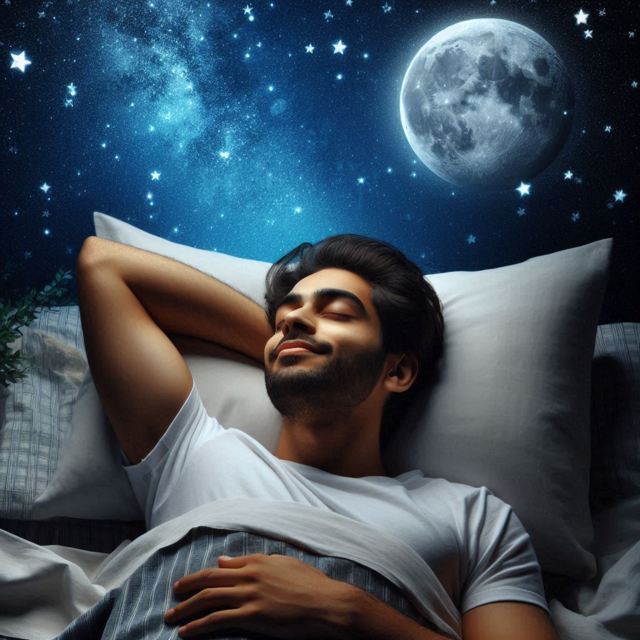 A peacefully sleeping person with mild smile in stars and moon background thinking as how important is sleep for health